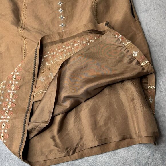 Talbots Sz 16 Linen Silk Blend Light Brown Floral Embroidered Side Slit Skirt - Picture 10 of 13